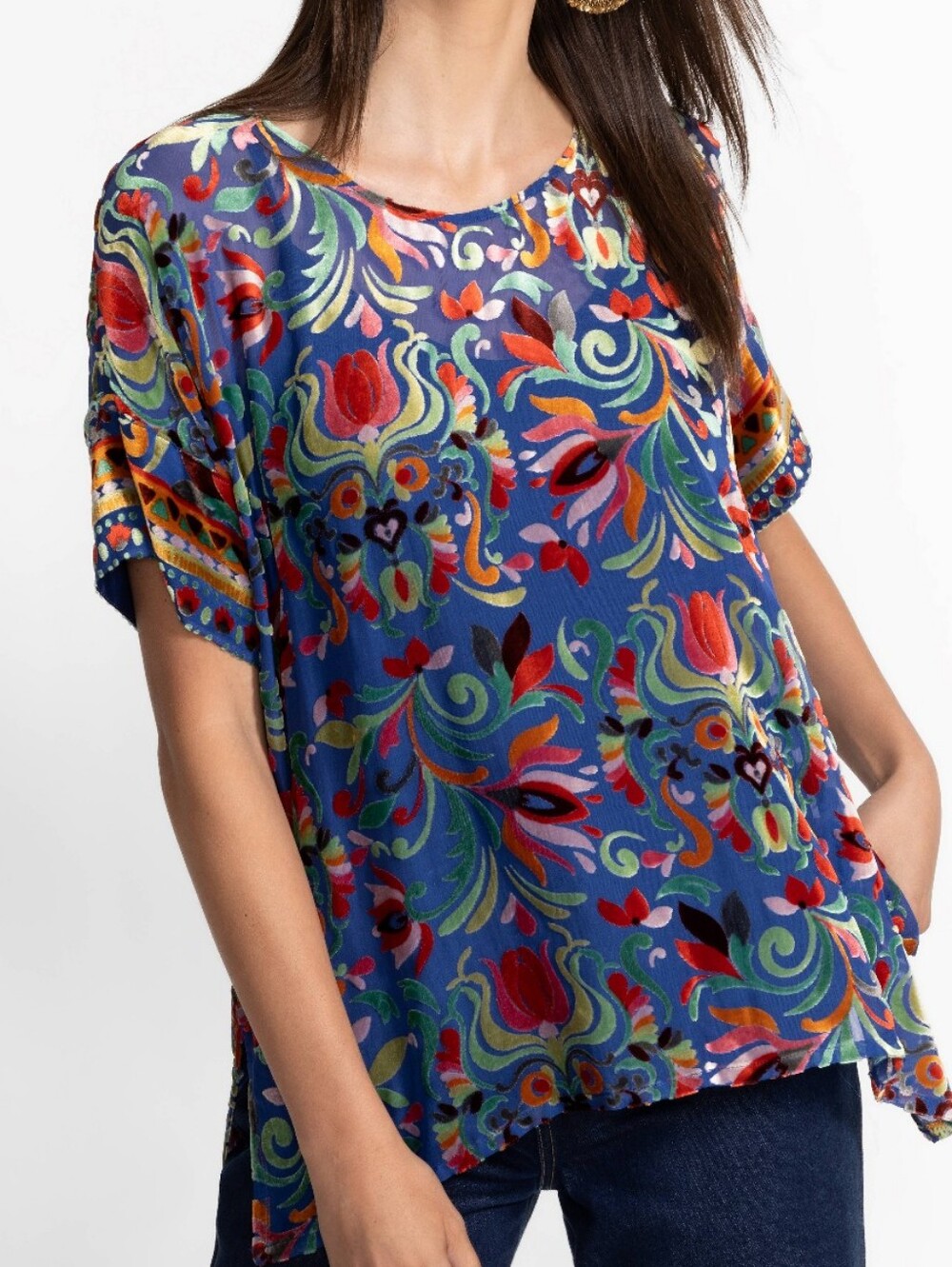 Johnny Was Mariafe Blouse Blue Floral & Paisley Short Sleeve Size XL, NWOT